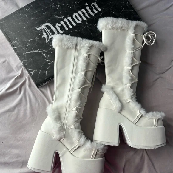 Demonia White Faux Fur Platform Boots - Picture 1 of 4